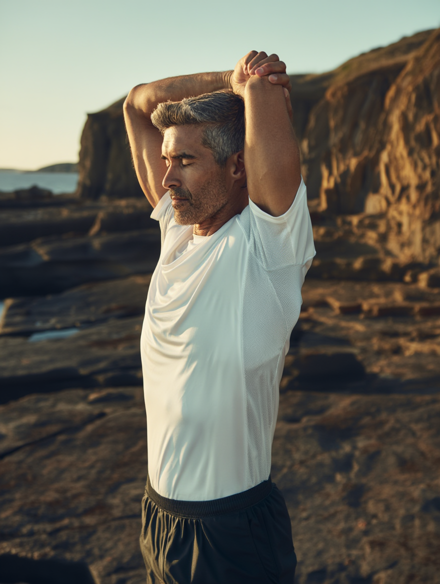 Man on rocky coastline — active healthy lifestyle